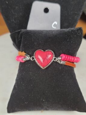 Heart Charm Pink Beaded Bracelet with Leather Accents